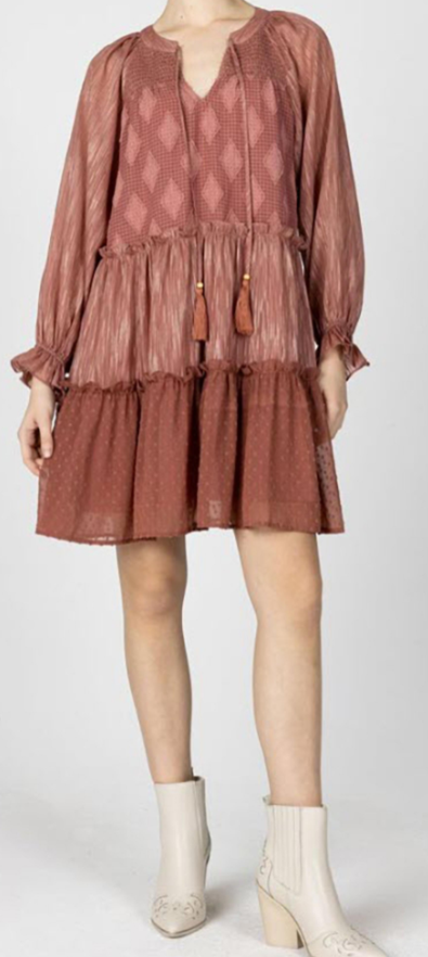 MISS ME Long Balloon Sleeve Ruffled Dress