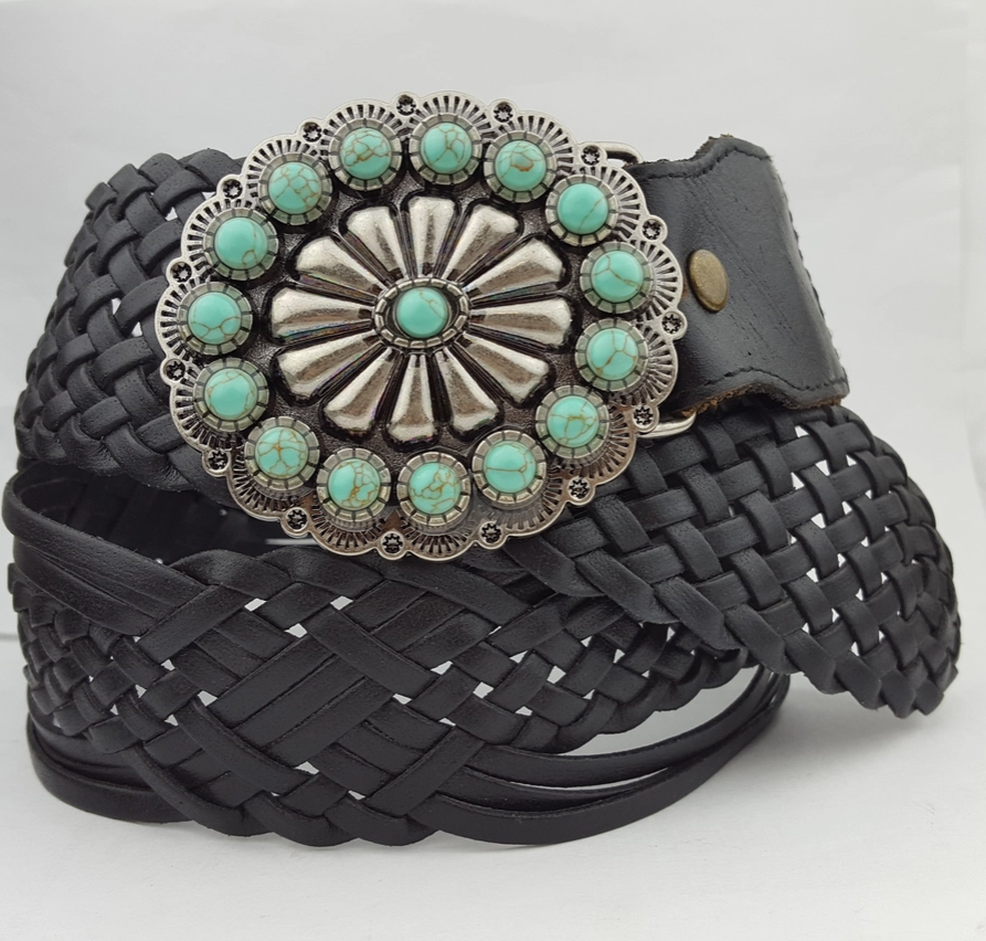 AXESORIA WEST Hand Braided Leather Belt with Turquoise Style Buckle