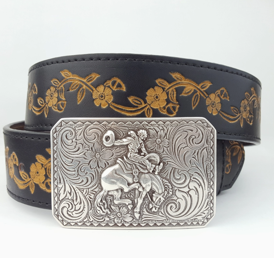 AXESORIA WEST Silver Rodeo Buckle with Vintage Floral Tooled Belt