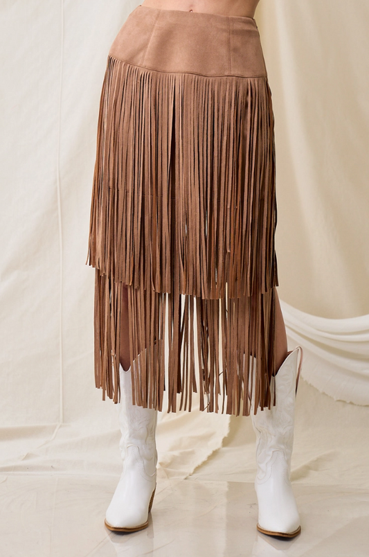 SAINTS & HEARTS Tiered Faux Suede Fringe Midi Skirt