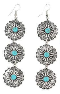 ABCO 3 Tier Burnished 3.5" Silver and Turquoise Flower Concho Earrings on Fishhooks