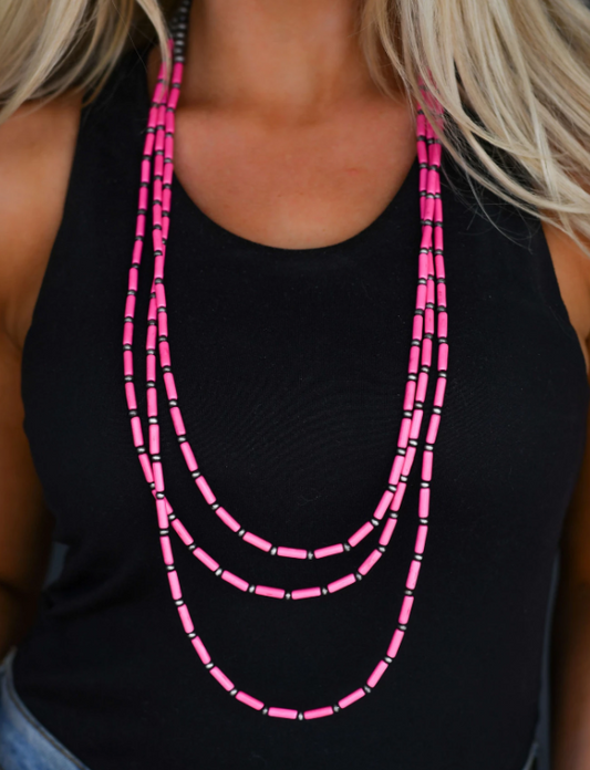 ABCO 3 Strand Pink Tube Bead and Faux Navajo Pearl Necklace
