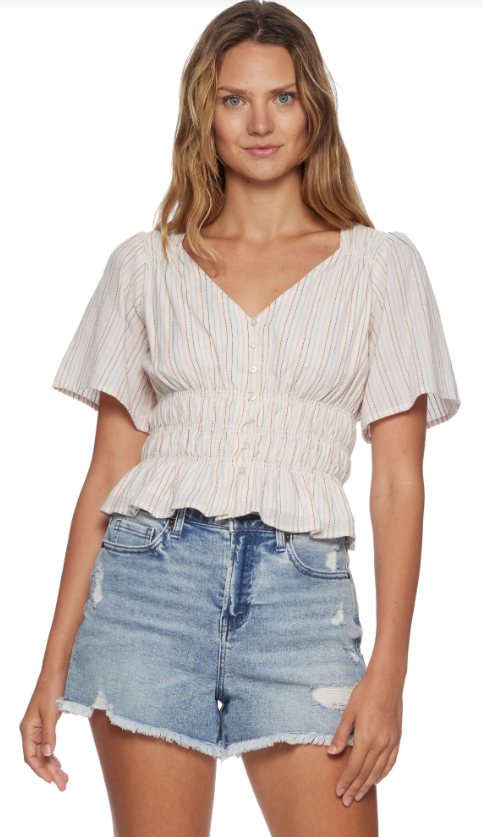 FLAG & ANTHEM Gracey SS Button Front Striped Dobby Peplum Top