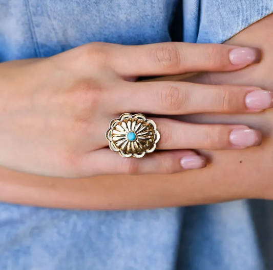 ABCO Burnished Adjustable Concho Ring with Turquoise Stone