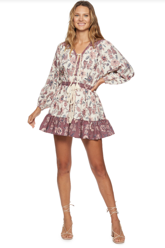 FLAG & ANTHEM Maybell LS Floral Contrast Mini Dress with Cinched Waist