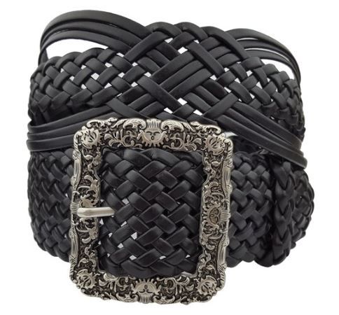 AXESORIA WEST Hand Braided Leather Belt with Silver Floral Etched Buckle