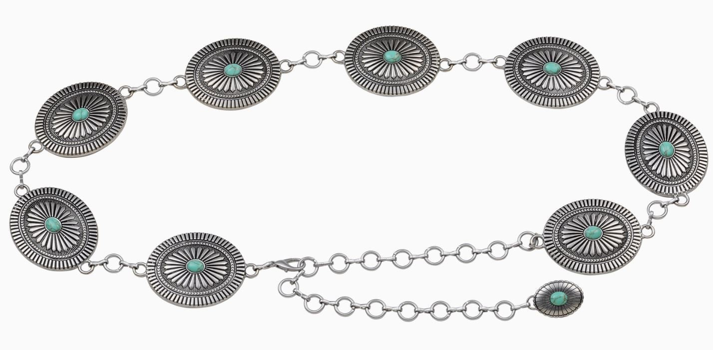 ABCO Western Silver Turquoise Concho Chain Belt