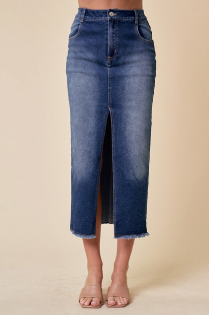 SAINTS & HEARTS Midi Front Slit Denim Skirt