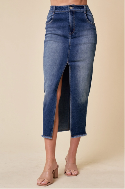 SAINTS & HEARTS Midi Front Slit Denim Skirt