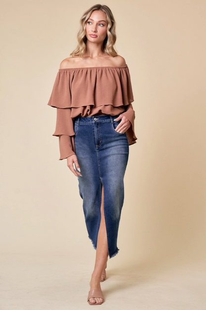 SAINTS & HEARTS Midi Front Slit Denim Skirt