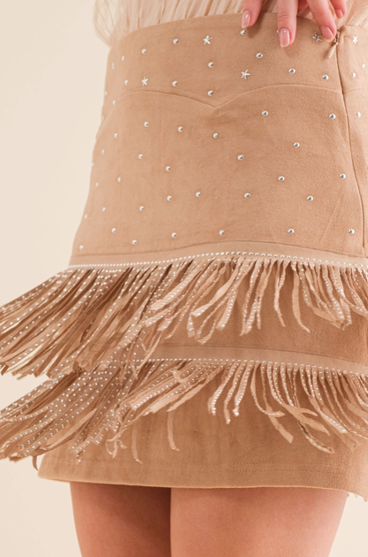 BLUE B Suede Star Silver Studded Tiered Fringe Mini Skirt