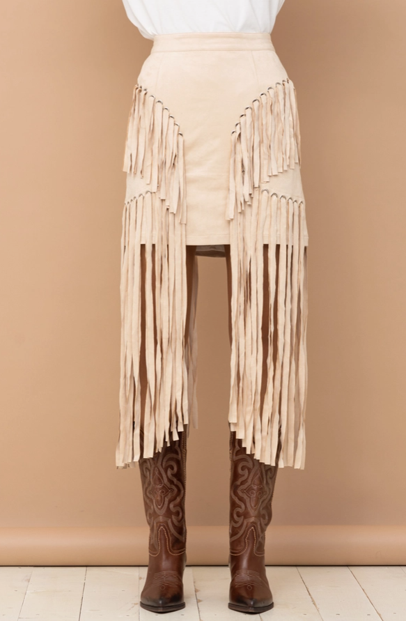 BLUE B Suede Eyelet Long Fringe Mini Skirt