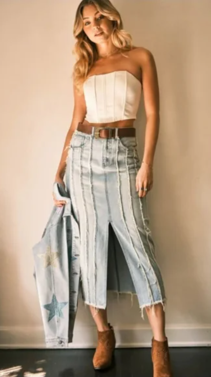 BLUE B Distressed Seam Slit at Front Maxi Denim Skirt