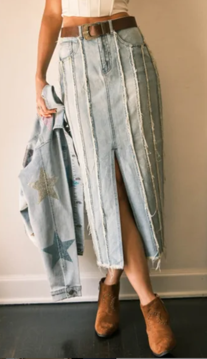 BLUE B Distressed Seam Slit at Front Maxi Denim Skirt