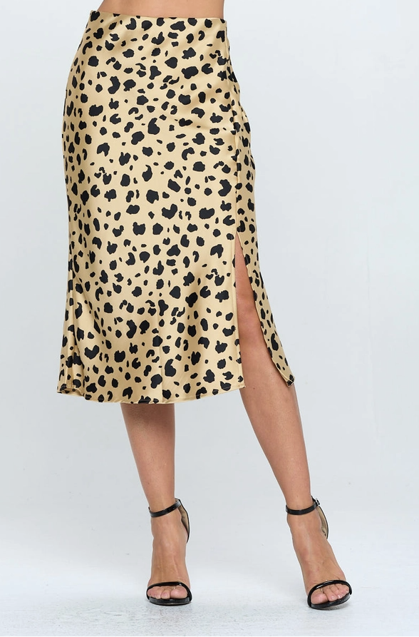 RENEE Satin Leopard Print Midi Skirt with Slit