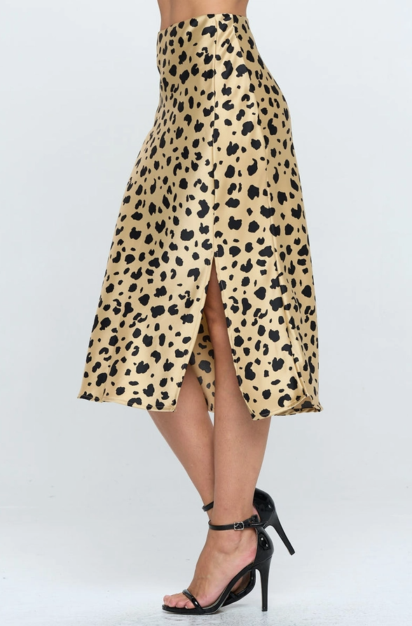 RENEE Satin Leopard Print Midi Skirt with Slit