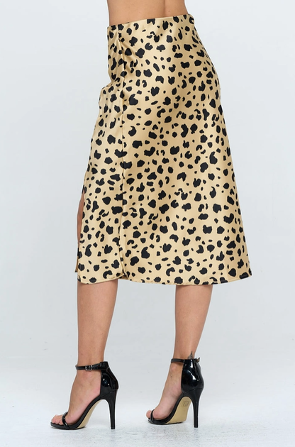 RENEE Satin Leopard Print Midi Skirt with Slit