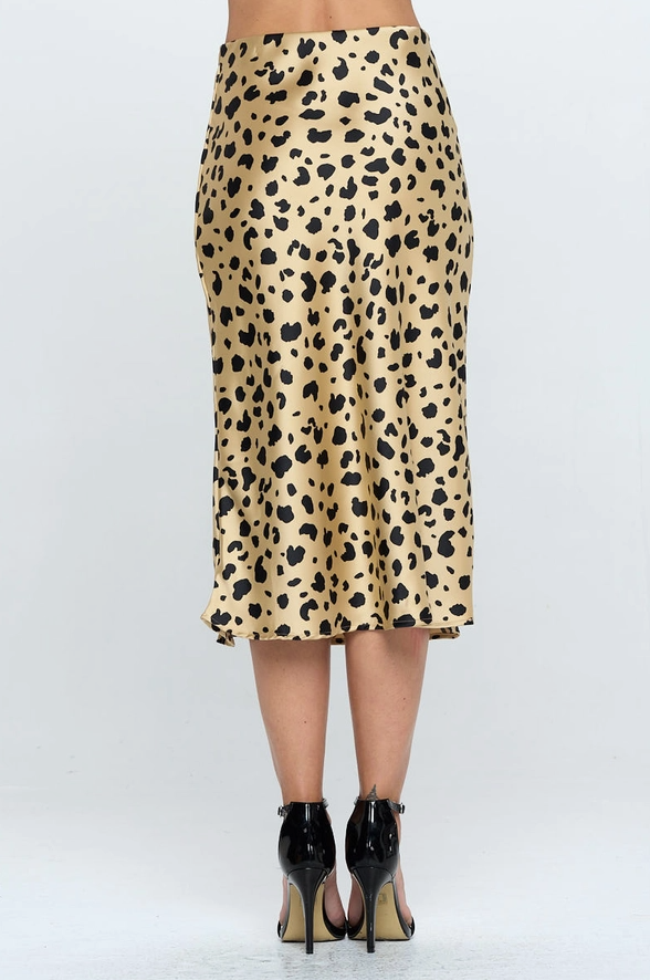 RENEE Satin Leopard Print Midi Skirt with Slit