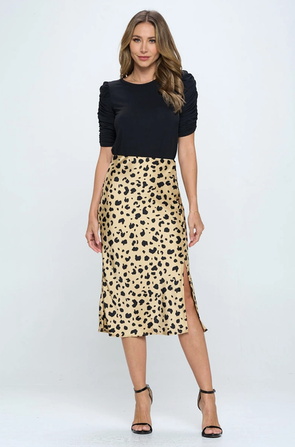 RENEE Satin Leopard Print Midi Skirt with Slit