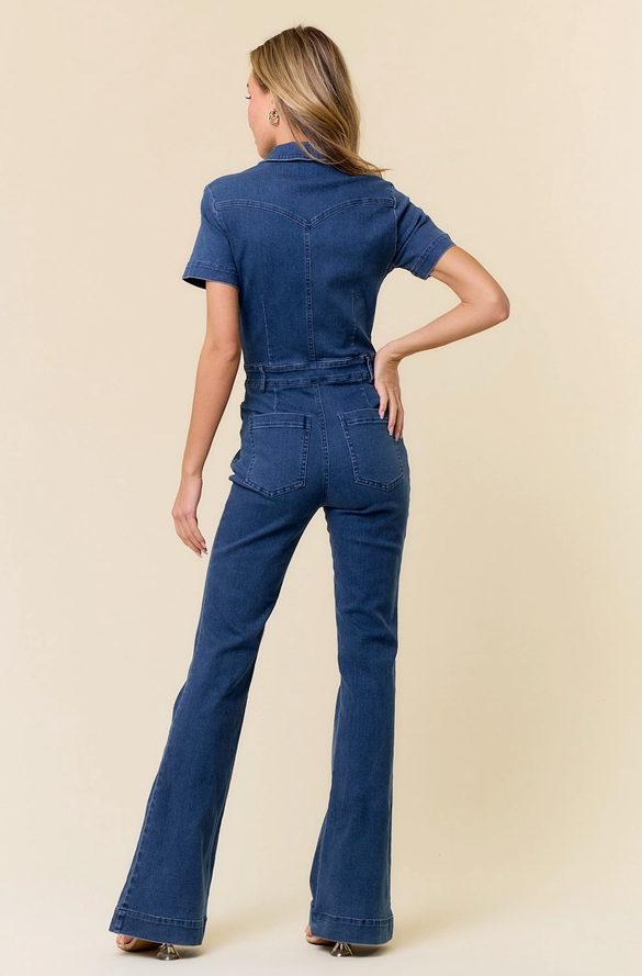 SAINTS & HEARTS Short Sleeve Bootcut Leg Denim Jumpsuit