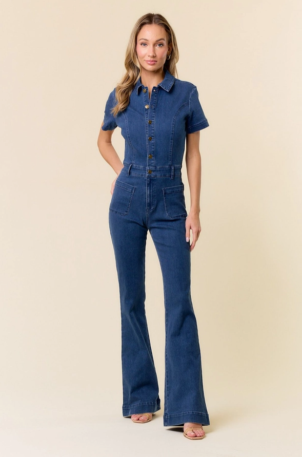 SAINTS & HEARTS Short Sleeve Bootcut Leg Denim Jumpsuit