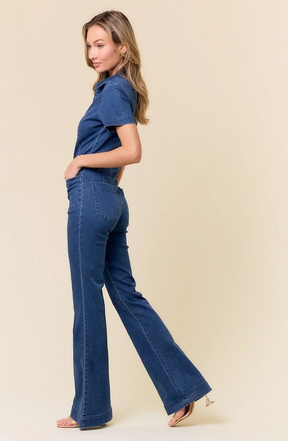 SAINTS & HEARTS Short Sleeve Bootcut Leg Denim Jumpsuit