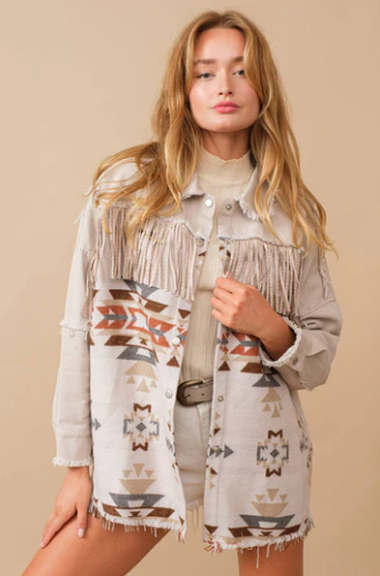 BLUE B Aztec Contrast Frayed Shirt Jacket