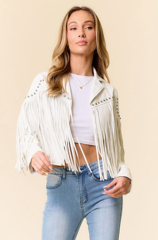 SAINTS & HEARTS Stud Detail Fringed Pleather Jacket