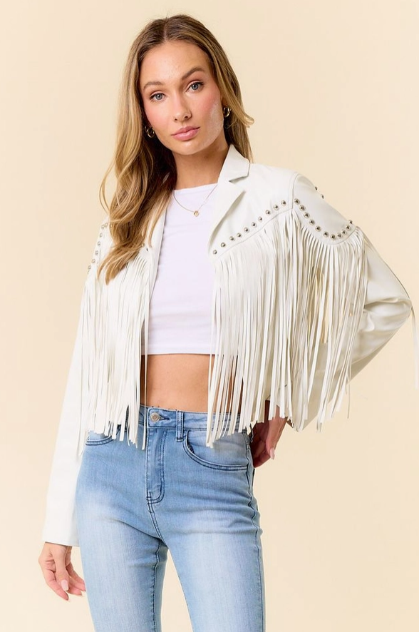 SAINTS & HEARTS Stud Detail Fringed Pleather Jacket