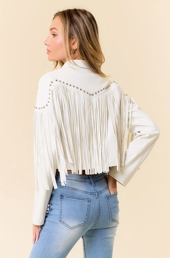 SAINTS & HEARTS Stud Detail Fringed Pleather Jacket