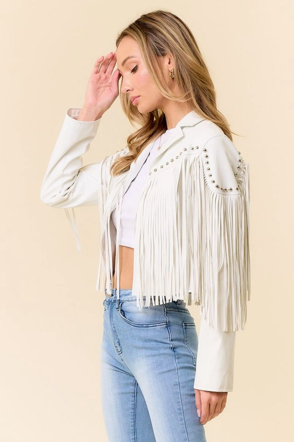 SAINTS & HEARTS Stud Detail Fringed Pleather Jacket