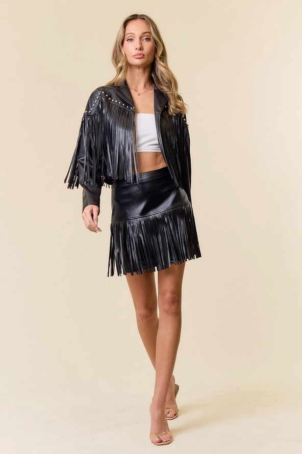 SAINTS & HEARTS Stud Detail Fringed Pleather Jacket