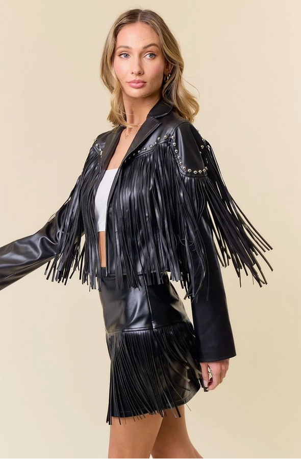 SAINTS & HEARTS Stud Detail Fringed Pleather Jacket