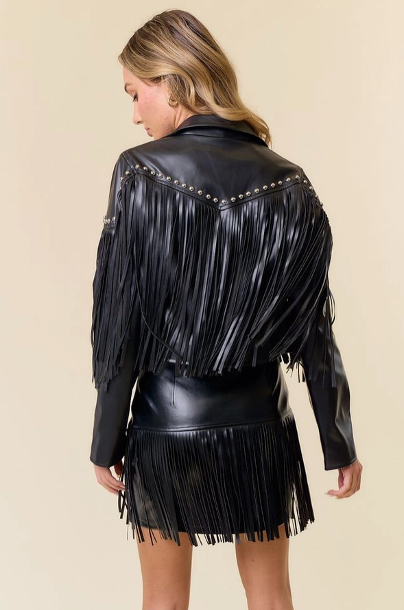 SAINTS & HEARTS Stud Detail Fringed Pleather Jacket